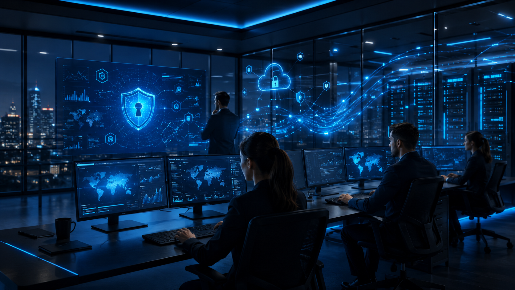 Centro de datos moderno con infraestructura cloud protegida y monitoreo empresarial